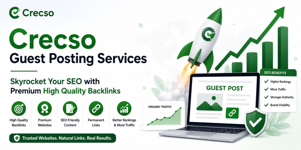 Horizontal infographic promoting Crecso Guest Posting Services with a rocket launch, guest post illustration, SEO growth chart, premium backlinks, trusted websites, permanent links, and improved search rankings for long-term SEO success.