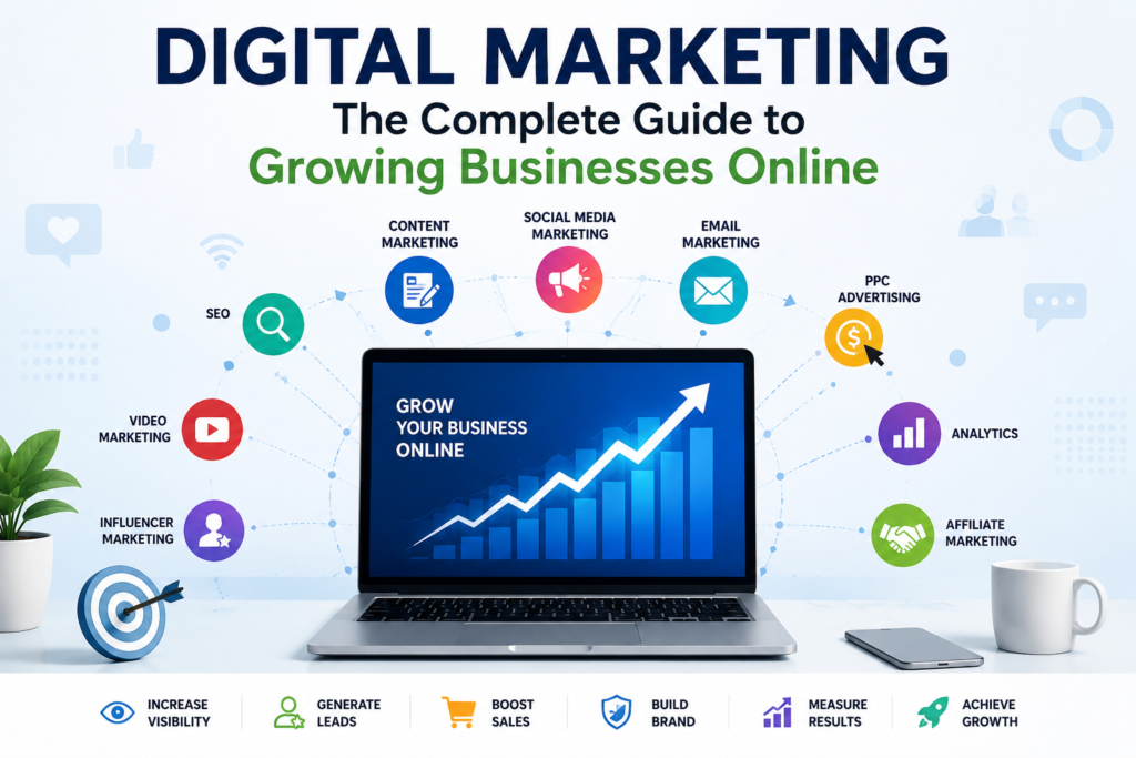 Digital marketing guide with SEO, social media, email marketing, and business growth strategies.