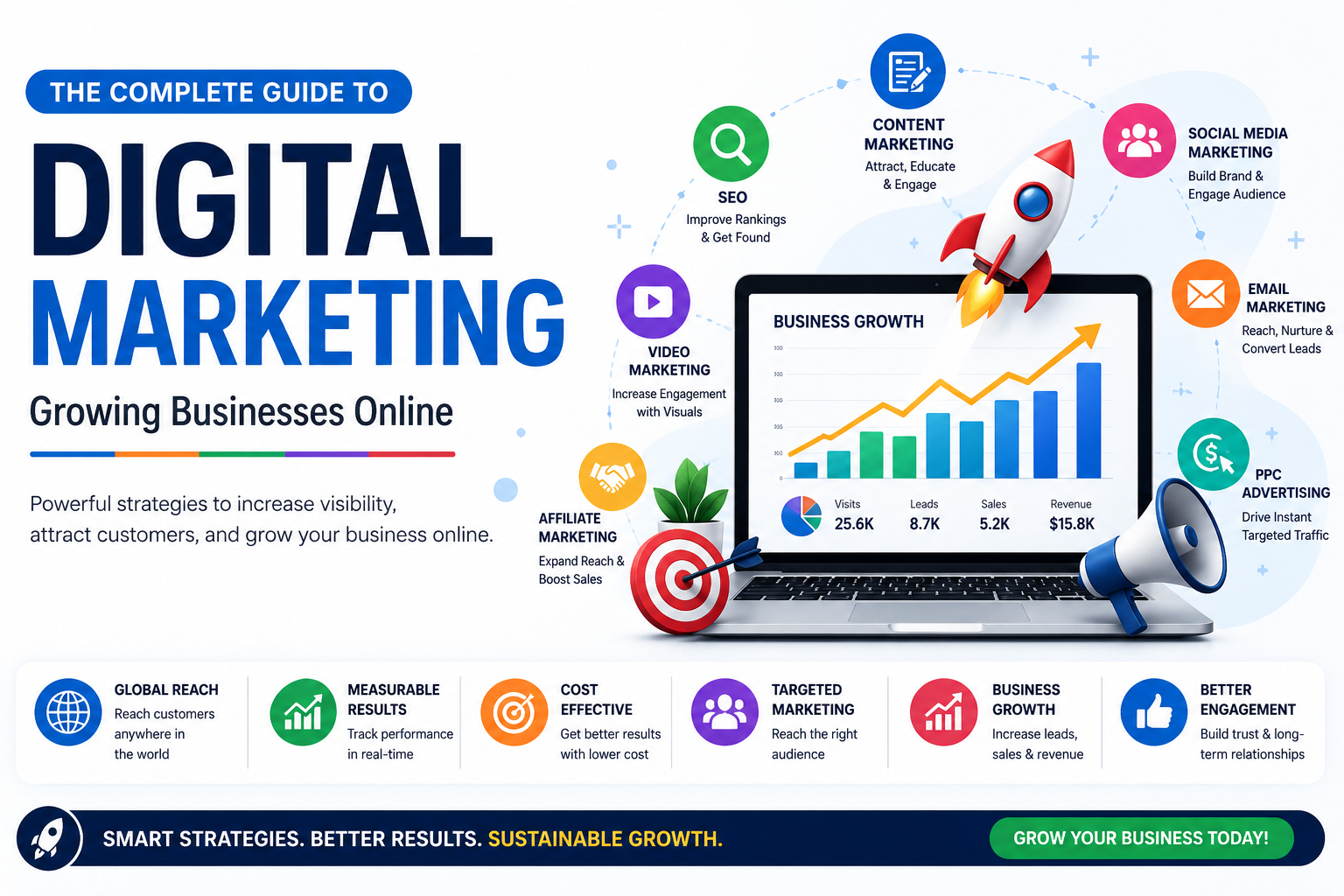 Digital marketing infographic featuring SEO, content marketing, social media marketing, email marketing, PPC advertising, affiliate marketing, and video marketing strategies with a business growth analytics dashboard.