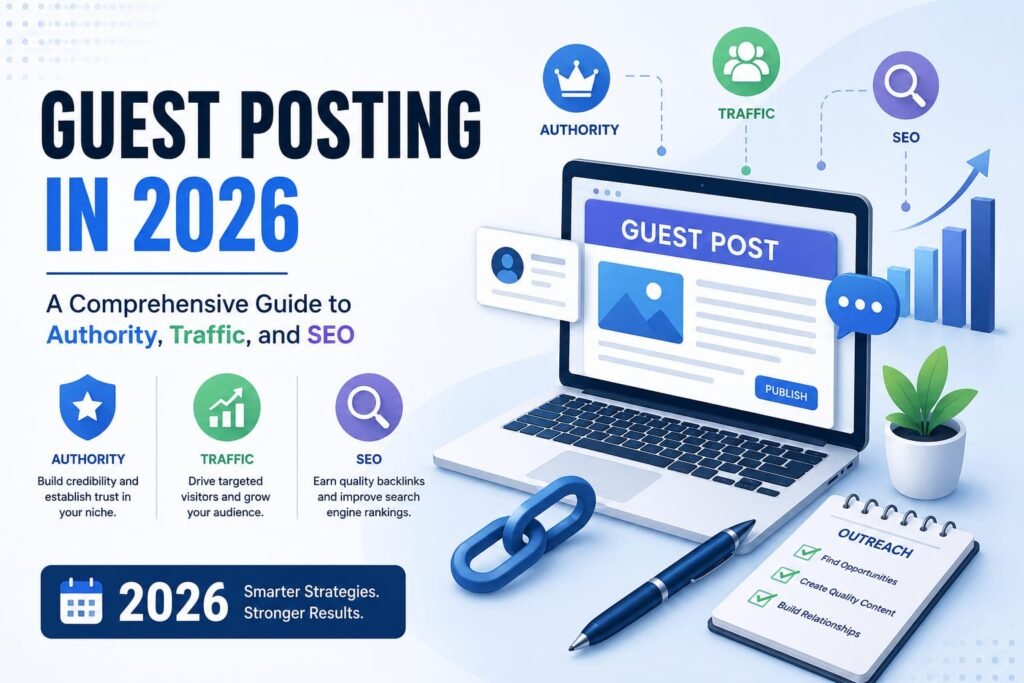 Guest Posting in 2026 infographic showing authority, traffic, and SEO benefits with a laptop, outreach checklist, backlinks, and growth chart.