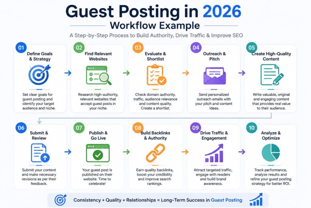 Guest Posting in 2026 workflow example infographic showing a 10-step guest posting process from strategy and outreach to backlinks, traffic, and SEO optimization.