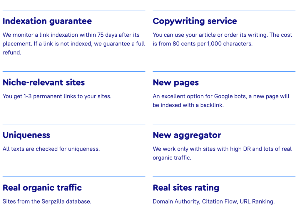 Infographic listing key features of Serpzilla link building and guest posting services.