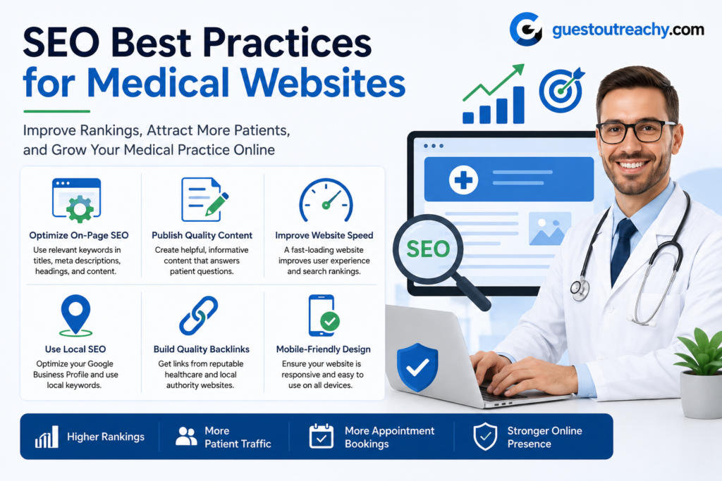 SEO Best Practices for Medical Websites infographic showing healthcare SEO strategies, website optimization, local SEO, content marketing, and search engine rankings.