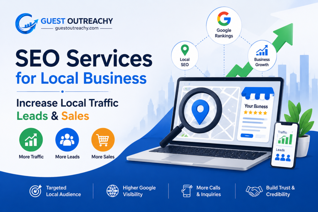 SEO Services for Local Business banner by GuestOutreachy.com featuring Google Business Profile optimization, Local SEO, Google rankings, website traffic growth, lead generation, and sales increase with a laptop, location pin, analytics charts, and upward growth arrow.