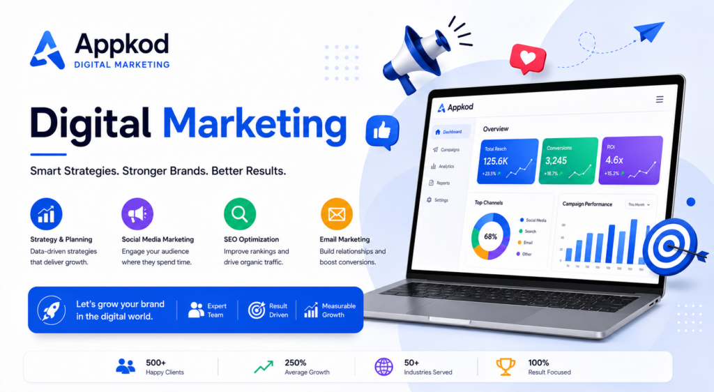 Digital Marketing Appkod promotional banner featuring a modern digital marketing dashboard, SEO, social media marketing, email marketing, analytics, and online business growth.