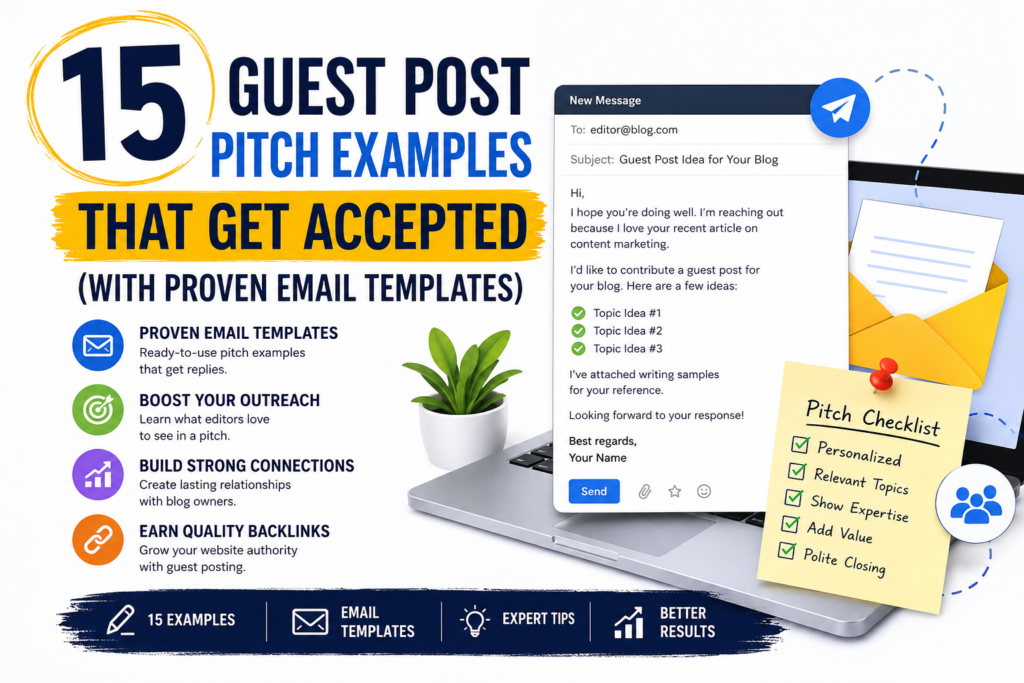 Guest Post Pitch Examples infographic showing proven email templates, outreach tips, and strategies to create successful guest posting emails.
