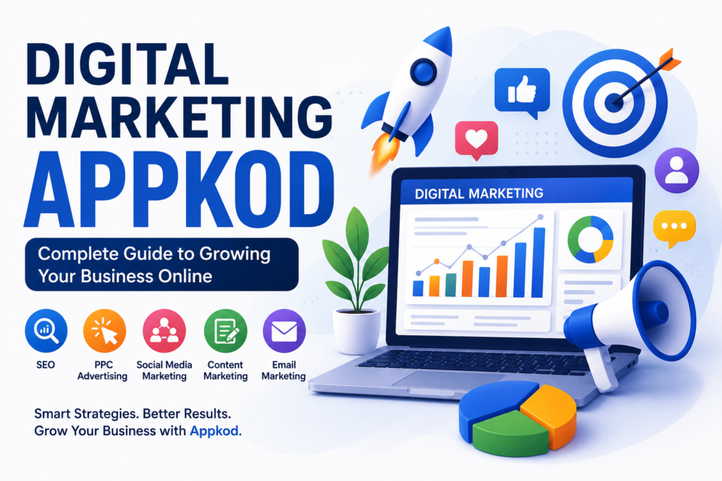 Digital Marketing Appkod illustration showing SEO, social media marketing, PPC advertising, content marketing, email marketing, and business growth through digital marketing strategies.