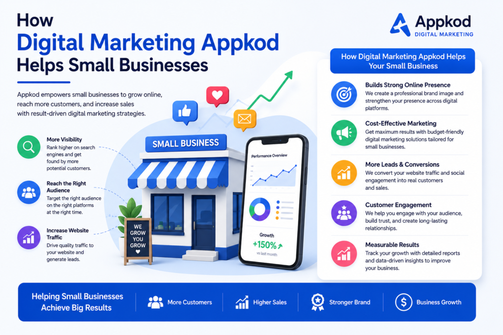 Digital Marketing Appkod helping small businesses with SEO, social media marketing, email marketing, online advertising, analytics, and business growth strategies.