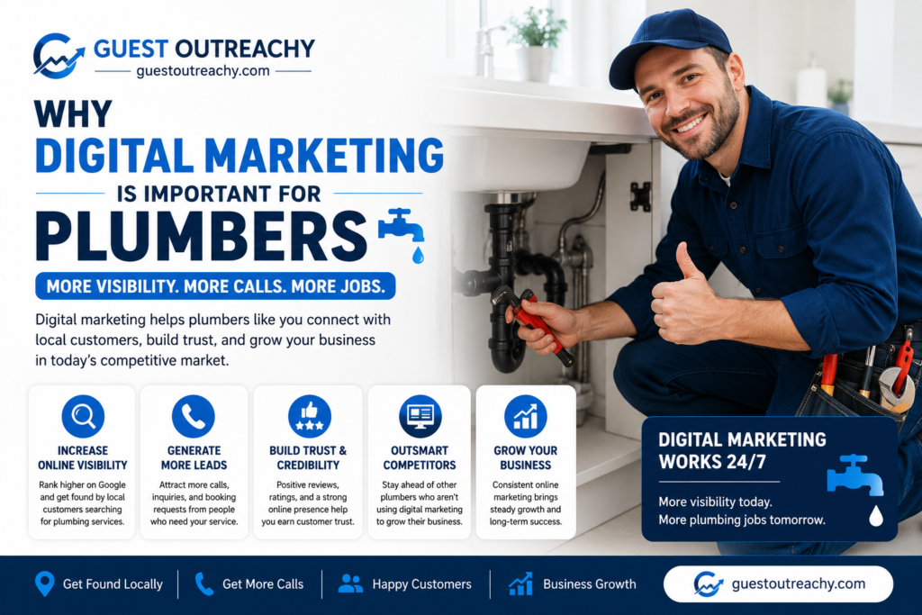 **Alt Text:**
A professional digital marketing banner for plumbers featuring the GuestOutreachy logo and website (guestoutreachy.com) at the top. On the left, the headline reads, **"Why Digital Marketing Is Important for Plumbers,"** followed by the tagline **"More Visibility. More Calls. More Jobs."** The banner explains how digital marketing helps plumbers connect with local customers, build trust, and grow their business. Five illustrated benefit cards highlight increasing online visibility, generating more leads, building trust and credibility, outperforming competitors, and growing the business. On the right, a smiling plumber in a blue uniform repairs plumbing under a kitchen sink while giving a thumbs-up. The blue-and-white design includes plumbing icons and a footer with key benefits such as getting found locally, receiving more calls, happy customers, and business growth.
