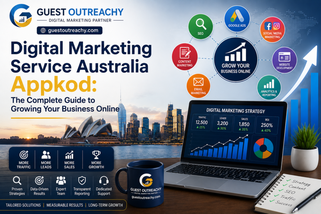 Guest Outreachy digital marketing banner featuring Digital Marketing Service Australia Appkod with SEO, Google Ads, social media marketing, content marketing, website development, analytics dashboard, Sydney skyline, and business growth strategy for Australian businesses.