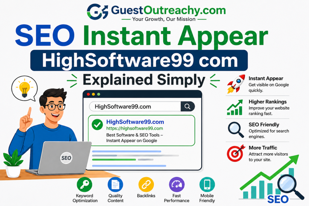 Illustration explaining SEO Instant Appear HighSoftware99 com with search engine optimization concepts, Google ranking, keyword optimization, backlinks, website traffic growth, and SEO friendly strategies.