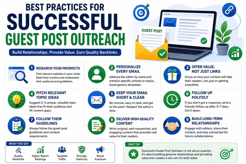 Guest Post Outreach infographic showing best practices such as personalized outreach emails, valuable content, follow-ups, relationship building, and earning high-quality backlinks.