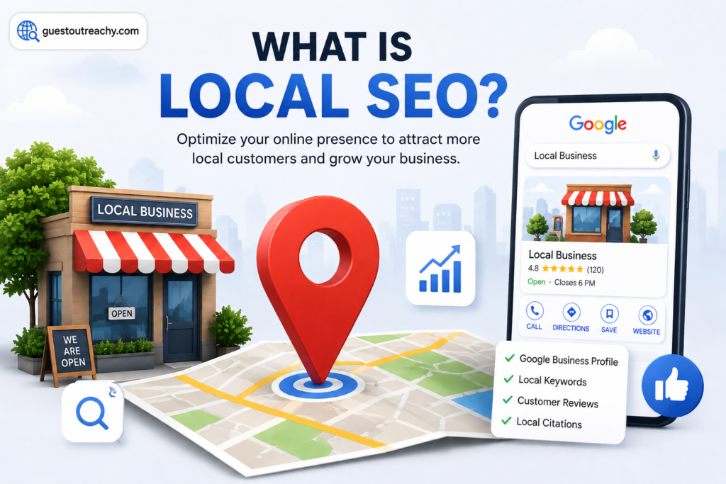 Local SEO illustration showing Google Business Profile, map pin, local business storefront, location map, customer reviews, and SEO growth elements with GuestOutreachy.com branding.
