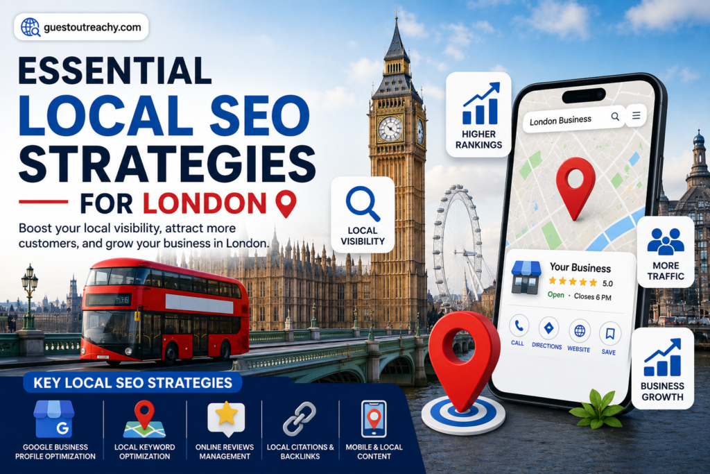 Essential Local SEO Strategies for London infographic featuring Google Business Profile, local keyword optimization, online reviews, local citations, Google Maps, and GuestOutreachy.com branding.