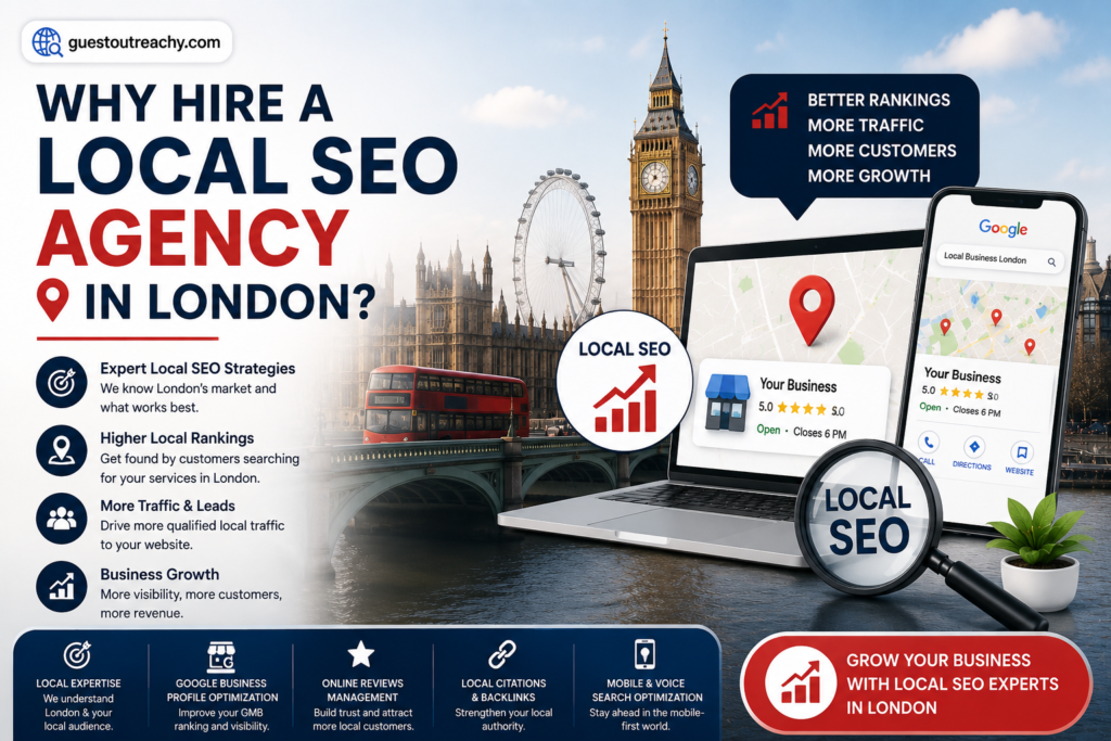 Why Hire a Local SEO Agency in London infographic featuring Google Business Profile, local search optimization, Big Ben, business growth, and GuestOutreachy.com branding.