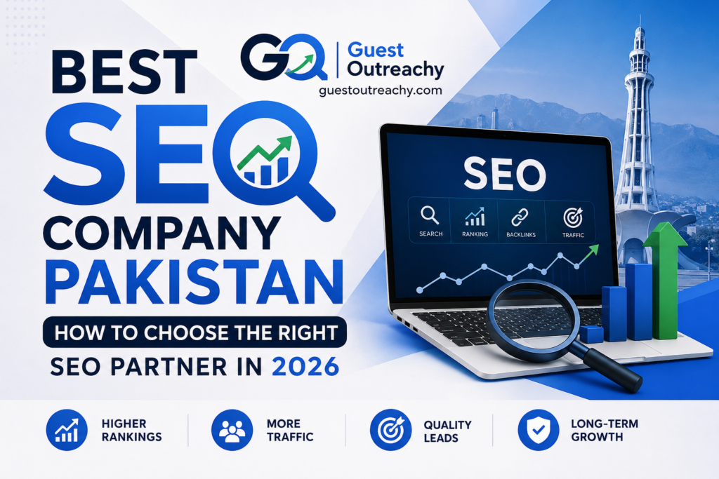 Best SEO Company Pakistan promotional banner featuring SEO analytics dashboard, search ranking growth chart, laptop with SEO tools, magnifying glass, Lahore Minar-e-Pakistan landmark, and Guest Outreachy branding representing professional SEO and digital marketing services in Pakistan.