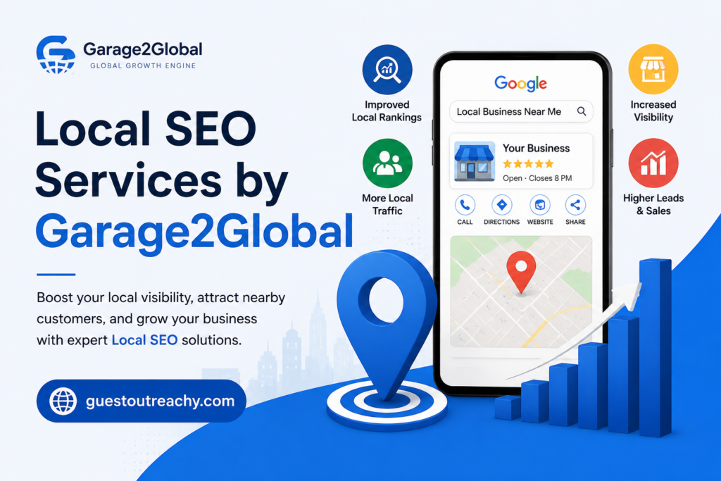 Local SEO Services by Garage2Global promotional banner showing a smartphone with Google local business listings, location pin, SEO analytics, growth chart, and website branding guestoutreachy.com, highlighting improved local rankings, increased visibility, more local traffic, and higher leads.