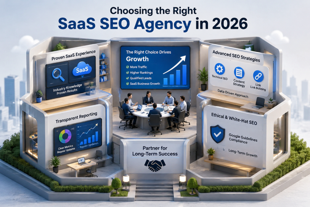 3D cutaway illustration showing a modern SaaS SEO agency office with strategy meetings, technical SEO, transparent reporting, link building, and business growth dashboards for choosing the right SaaS SEO agency in 2026.
