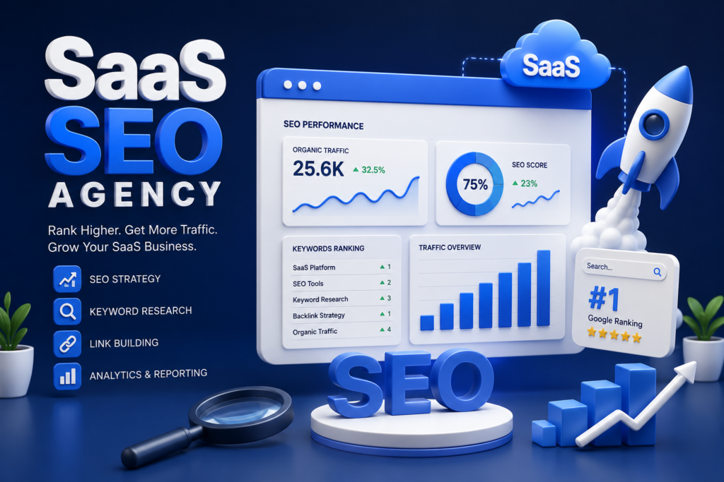 3D illustration of a SaaS SEO agency dashboard featuring SEO analytics, keyword rankings, organic traffic growth charts, link building, reporting tools, rocket launch, and digital marketing elements on a dark blue background.