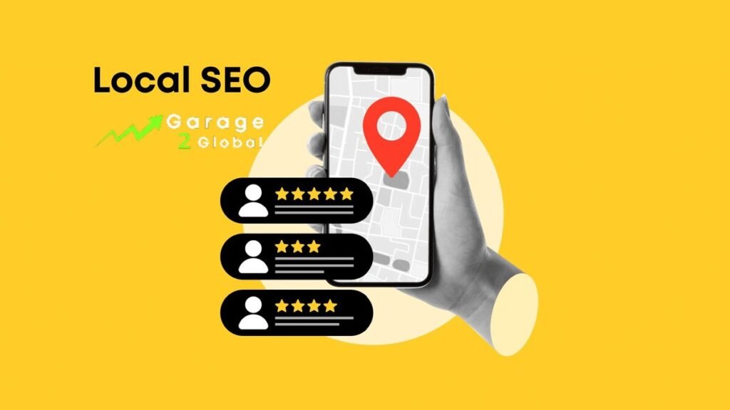 Local SEO Services by Garage2Global illustration featuring a smartphone displaying a map with a location pin, customer review ratings, and business listings, representing improved local search rankings, online reputation, and increased local visibility.