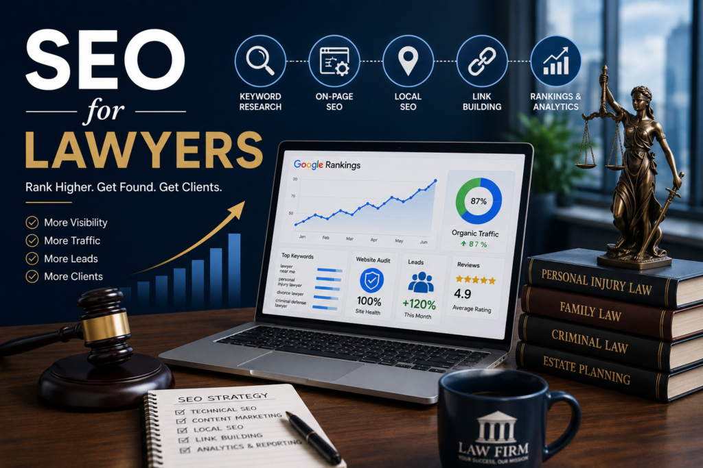 SEO for Lawyers featured image showing legal SEO strategies, Google ranking analytics, keyword research, local SEO, link building, and website optimization for law firms.