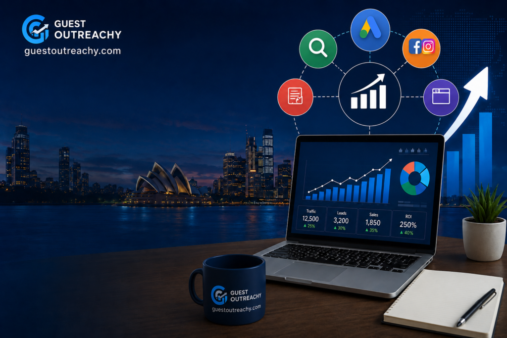 igital marketing banner featuring Digital Marketing Service Australia Appkod with SEO, Google Ads, social media marketing, content marketing, website development, analytics dashboard, Sydney skyline, and business growth strategy for Australian businesses.