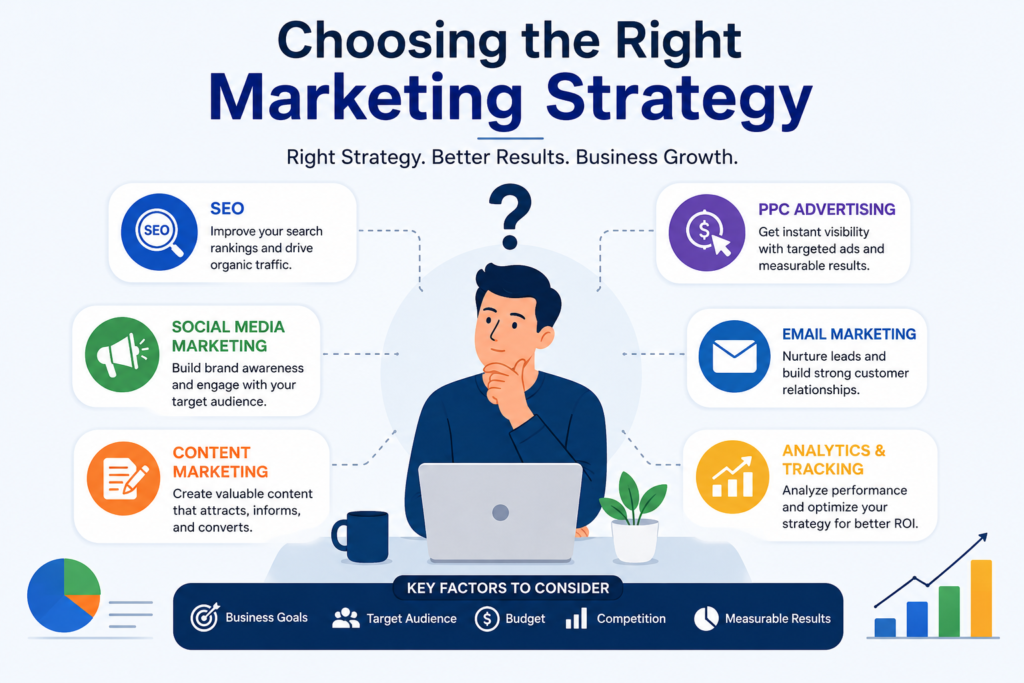 Digital Marketing Appkod infographic illustrating how to choose the right marketing strategy using SEO, PPC advertising, social media marketing, content marketing, email marketing, and analytics.
