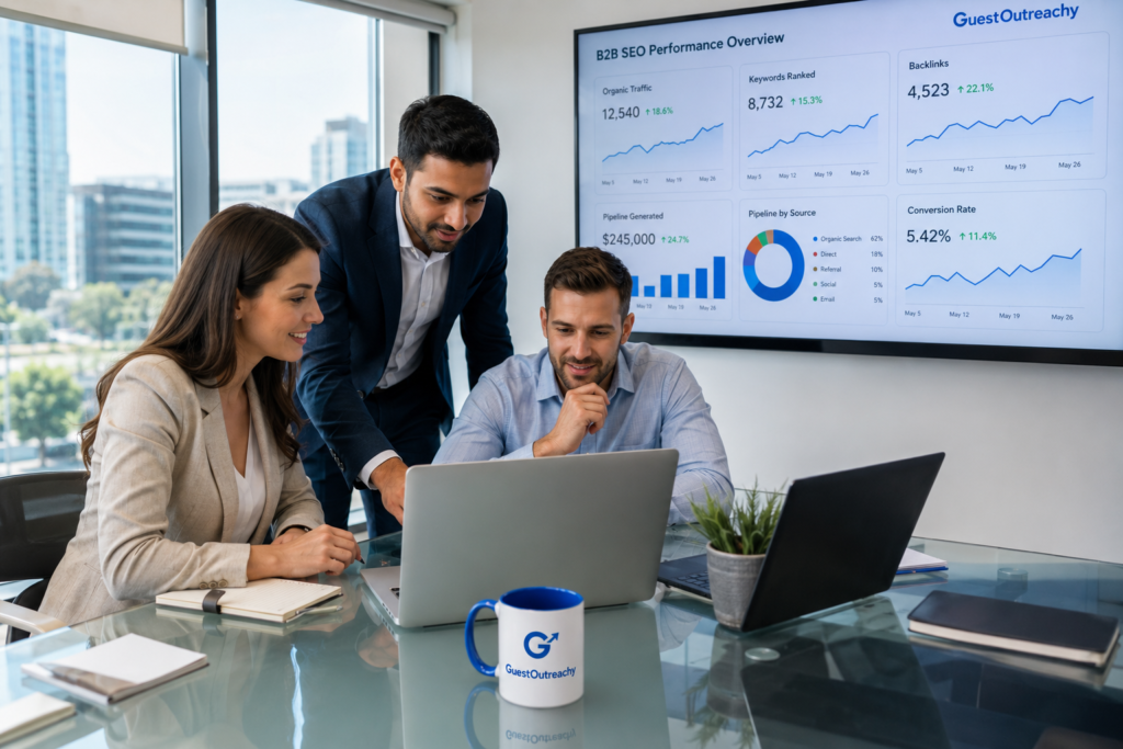 b2b seo services team reviewing performance dashboard in office meeting