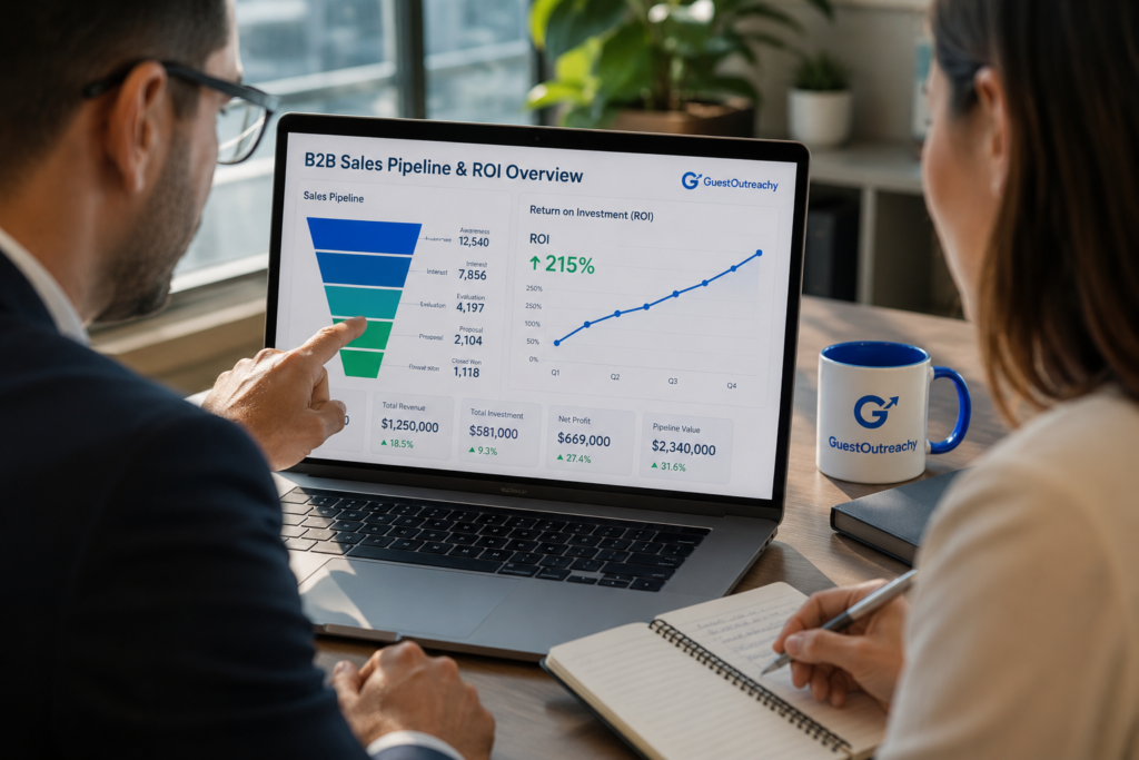 b2b seo services sales pipeline and roi overview on laptop screen