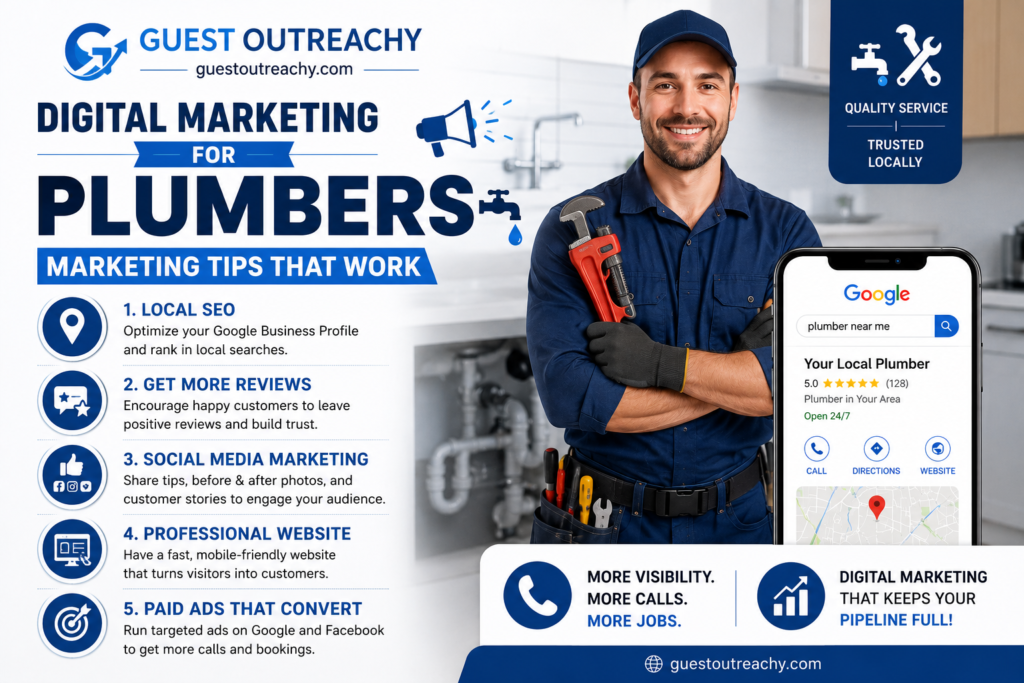 A professional digital marketing infographic for plumbers featuring a smiling plumber in a blue uniform holding a pipe wrench beside a smartphone displaying a local Google search result. The left side highlights marketing strategies such as Local SEO, getting more customer reviews, social media marketing, building a professional website, and running paid ads. Blue plumbing-themed icons, water faucet graphics, and a clean white-and-blue color scheme reinforce the message. The design emphasizes increasing visibility, generating more calls, and winning more plumbing jobs through effective digital marketing.