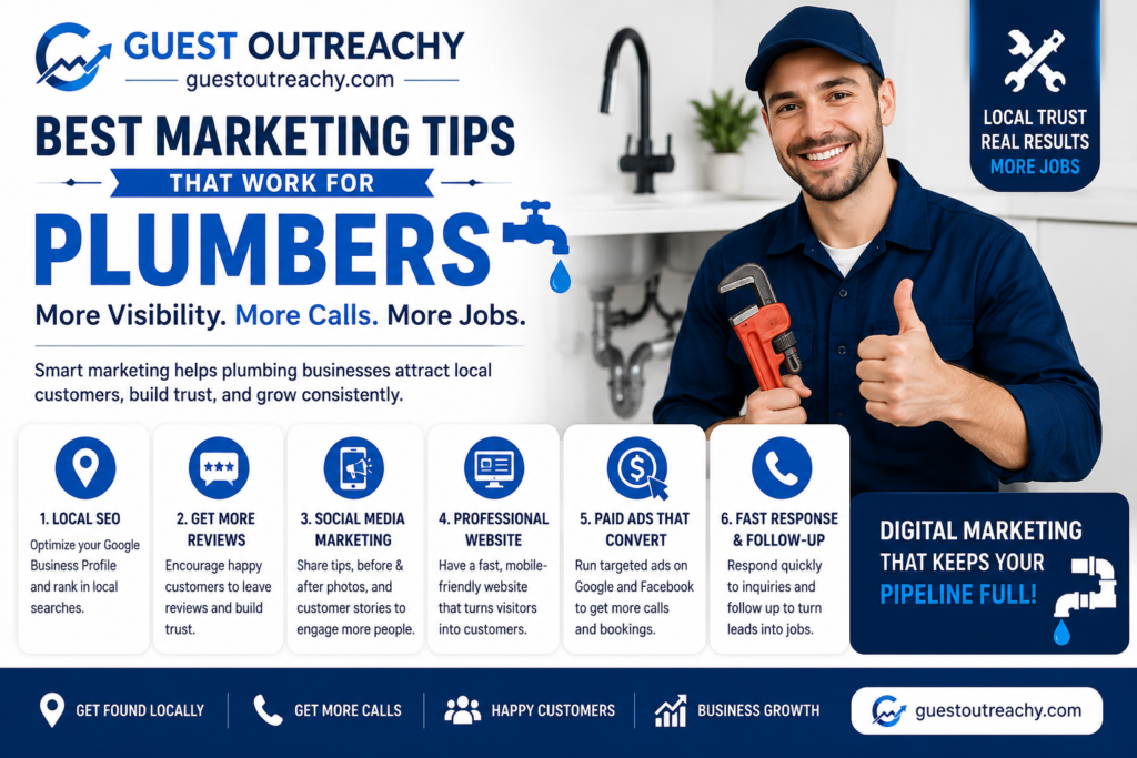 A professional digital marketing infographic for plumbers featuring the GuestOutreachy logo and website (guestoutreachy.com) at the top. The headline reads, "Best Marketing Tips That Work for Plumbers," followed by the tagline "More Visibility. More Calls. More Jobs." On the right, a smiling plumber in a blue uniform holds a pipe wrench and gives a thumbs-up in a modern kitchen setting. The infographic highlights six essential marketing strategies: Local SEO, getting more customer reviews, social media marketing, creating a professional website, running paid ads that convert, and providing fast response and follow-up. A blue callout emphasizes "Digital Marketing That Keeps Your Pipeline Full!" The footer features icons representing local visibility, more calls, happy customers, business growth, and the GuestOutreachy website, all presented in a clean blue-and-white design with plumbing-themed graphics.
