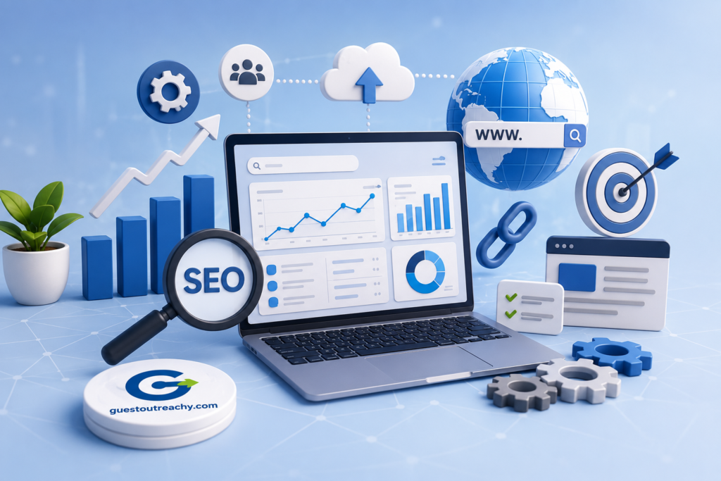 3D illustration of bespoke SEO services featuring an SEO analytics dashboard, keyword research, website optimization, backlink strategy, technical SEO, business growth charts, and GuestOutreachy.com branding.