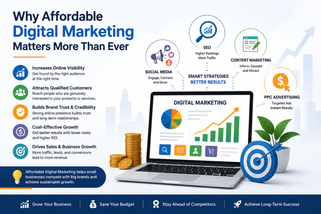 Affordable Digital Marketing with Garage2Global infographic showing SEO, content marketing, PPC, social media, and business growth strategies.
