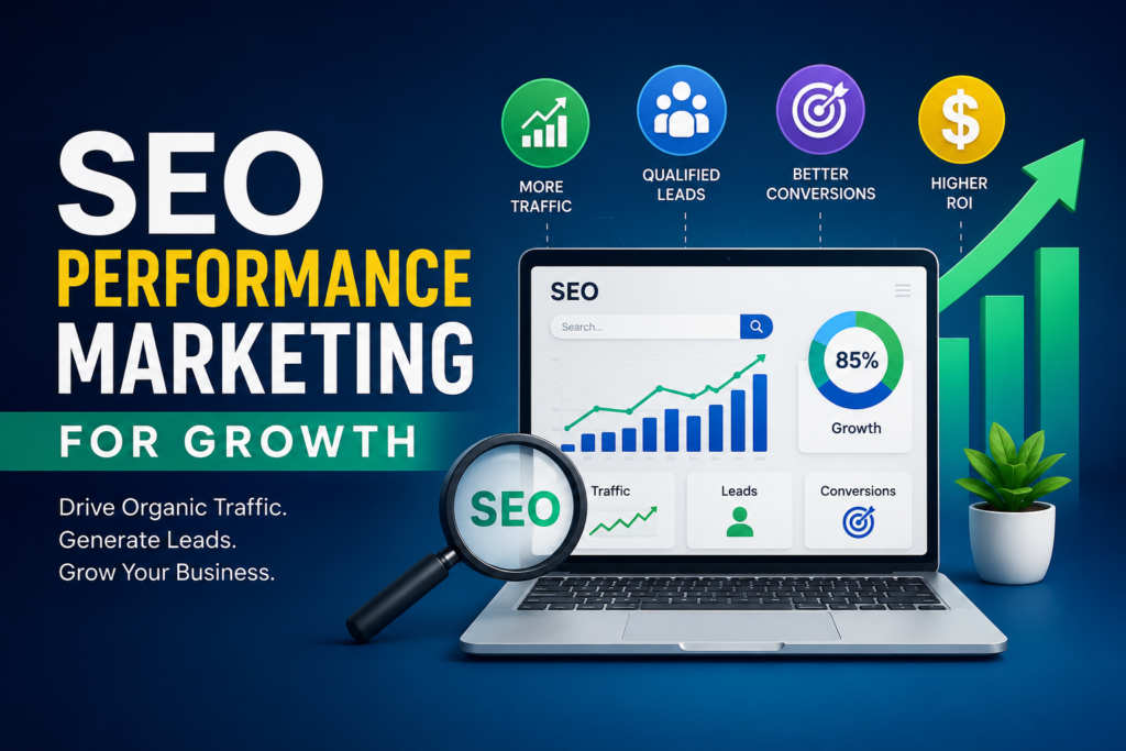 SEO Performance Marketing for Growth illustration showing an SEO analytics dashboard with organic traffic growth, qualified leads, higher conversions, ROI metrics, and business growth visualization.