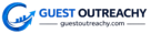 The GuestOutreachy logo displayed on a transparent background. The logo features a blue circular "G" icon with an upward-trending arrow and bar chart, symbolizing digital growth and online marketing success. To the right, the brand name "GUEST OUTREACHY" appears in bold blue and dark navy uppercase letters. Below the name, the website "guestoutreachy.com" is centered between two horizontal blue lines, creating a clean, modern, and professional branding design.