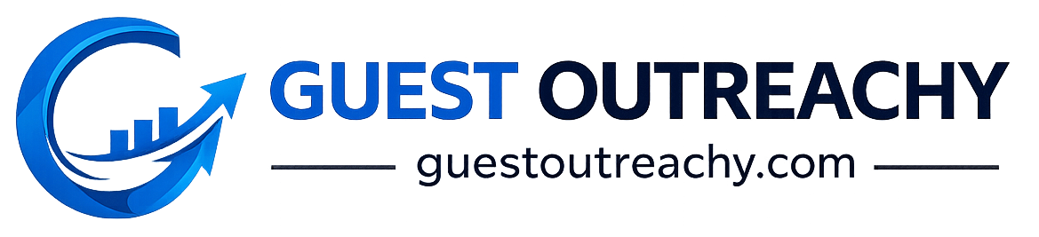 The GuestOutreachy logo displayed on a transparent background. The logo features a blue circular "G" icon with an upward-trending arrow and bar chart, symbolizing digital growth and online marketing success. To the right, the brand name "GUEST OUTREACHY" appears in bold blue and dark navy uppercase letters. Below the name, the website "guestoutreachy.com" is centered between two horizontal blue lines, creating a clean, modern, and professional branding design.