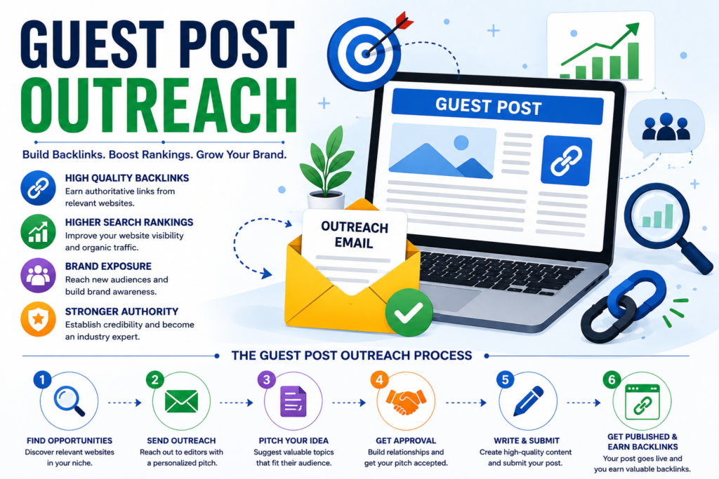 Guest Post Outreach infographic showing the process of finding guest post opportunities, sending outreach emails, pitching content, publishing articles, and earning high-quality backlinks for SEO.