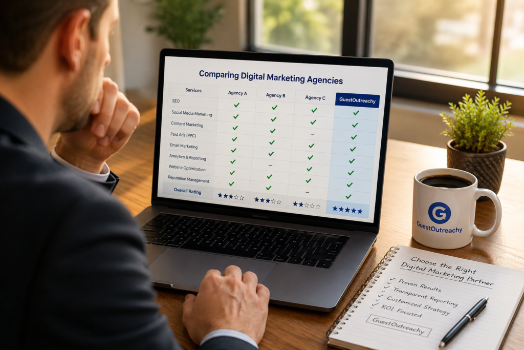 digital marketing guide comparing agencies including guestoutreachy on laptop