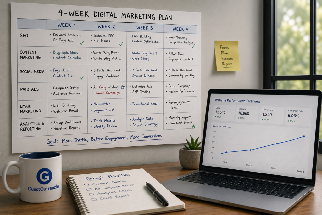 digital marketing guide 4 week monthly plan with performance dashboard