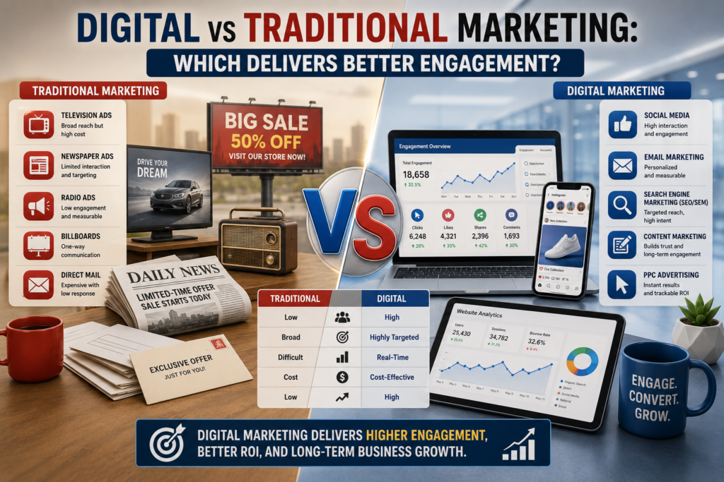 Digital vs traditional marketing comparison infographic showing engagement, reach, targeting, cost, and ROI differences between the two strategies