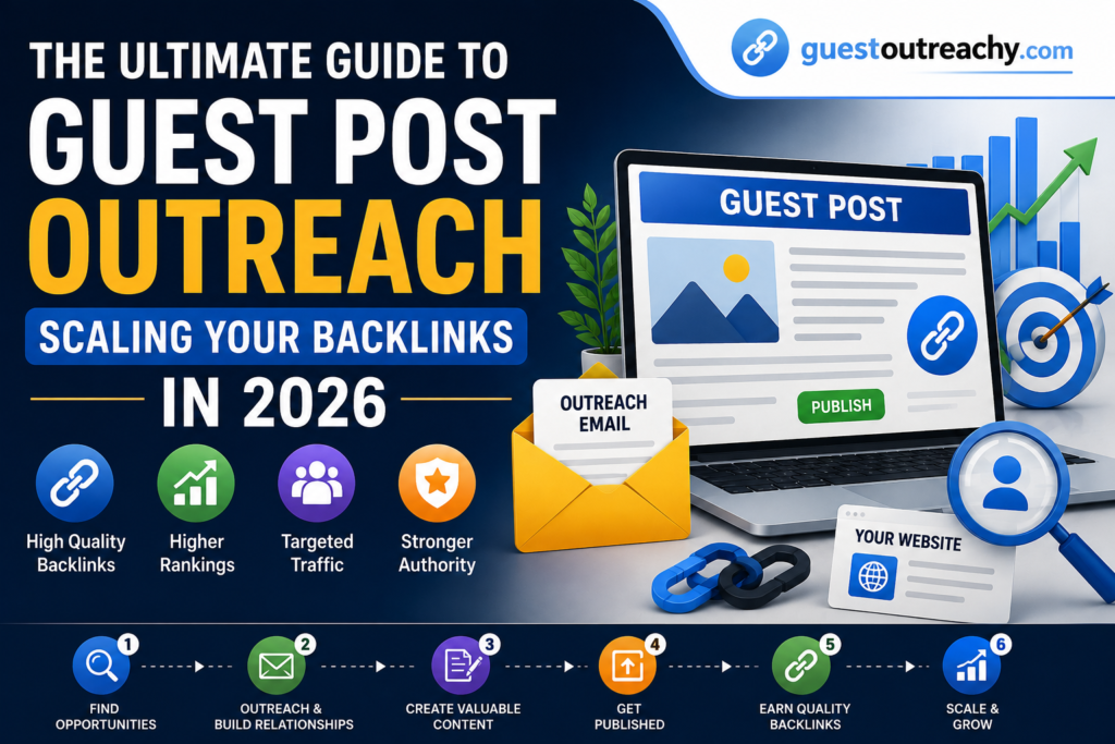 Illustration of a Guest Post Outreach strategy showing backlink building, outreach emails, website publishing, SEO growth, and link-building workflow for scaling backlinks in 2026.