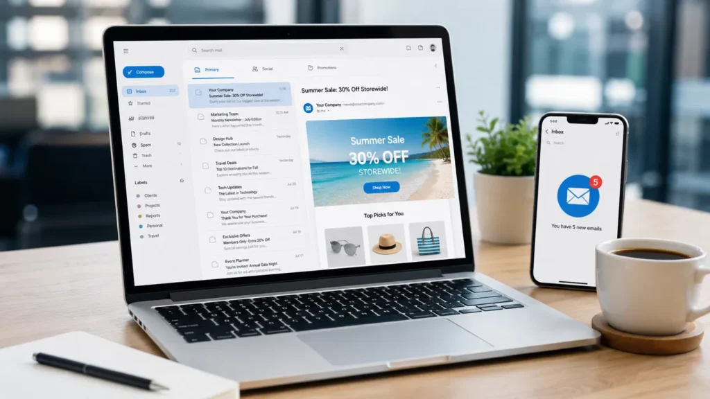 Laptop and smartphone showing email marketing campaign with summer sale promotion inbox on desk