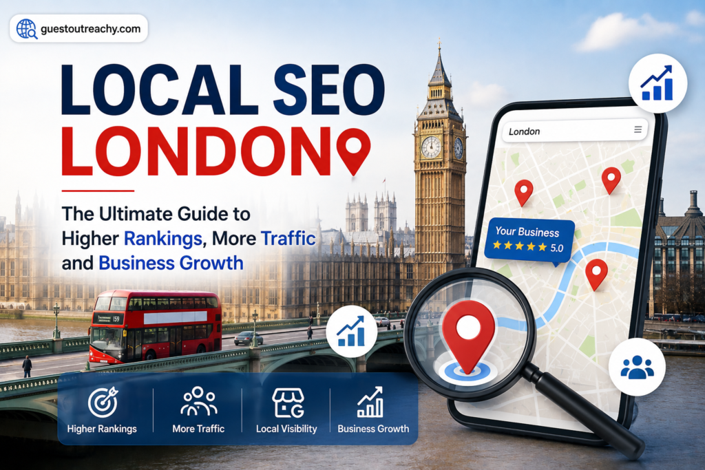 Local SEO London infographic showing Google Maps optimization, London landmarks, business location pins, higher rankings, increased traffic, and GuestOutreachy.com branding.