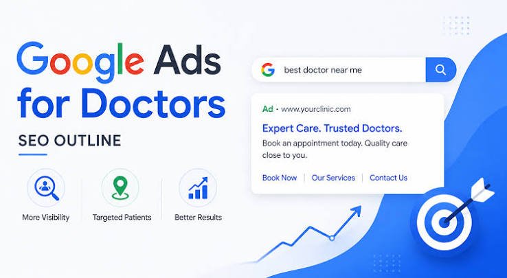 Google Ads for Doctors SEO Outline showing a healthcare PPC ad example, SEO strategy, targeted patient marketing, and online advertising for medical clinics.