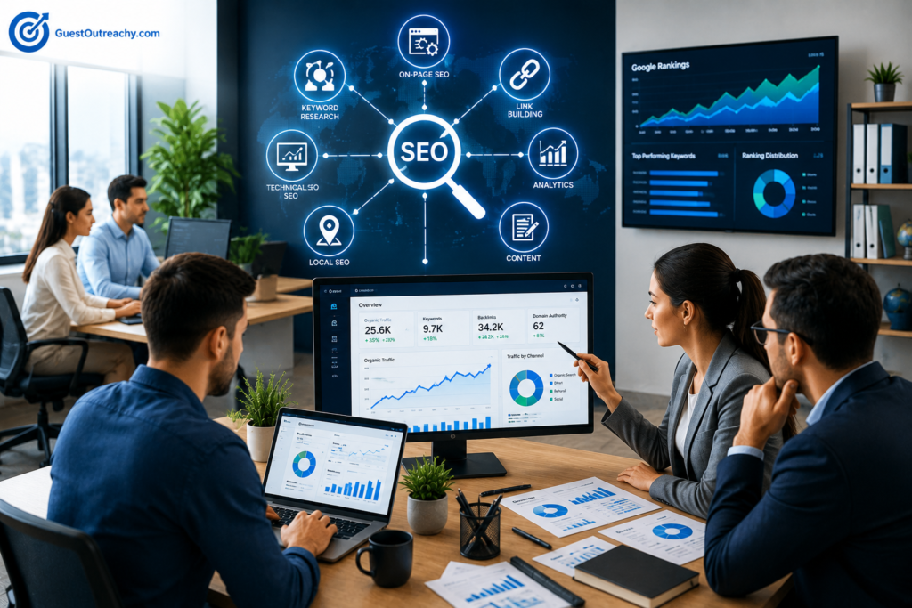 SEO Agency Interamplify professionals analyzing Google search rankings, keyword research, technical SEO, and website optimization to increase organic traffic and business growth.
