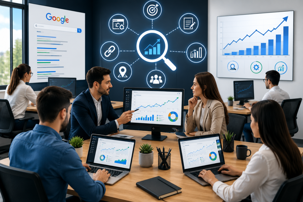 SEO Agency Interamplify team analyzing Google search rankings, website performance, keyword research, and SEO strategies to improve organic traffic and business growth.