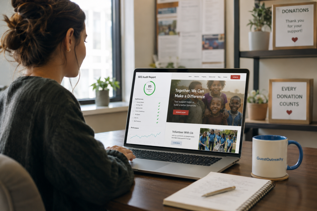 seo audit for charity website report shown on laptop screen