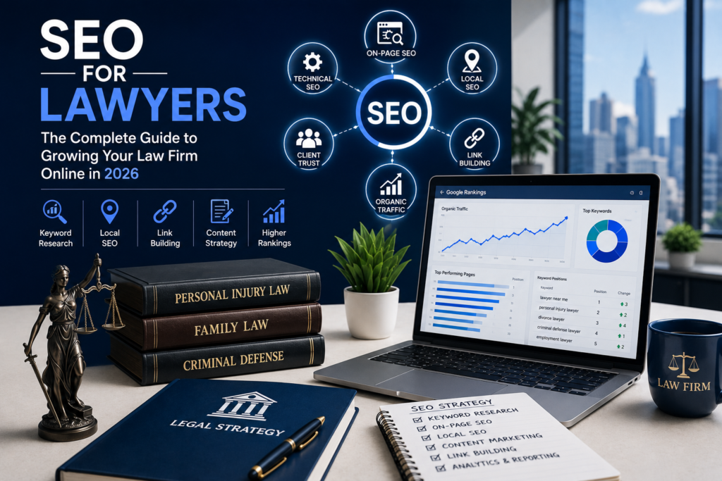 SEO for Lawyers featured image showing a law firm's SEO strategy with keyword research, technical SEO, local SEO, link building, Google rankings, and analytics to grow legal clients online in 2026.