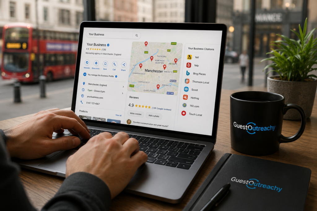 technical seo manchester google business profile local search results on laptop