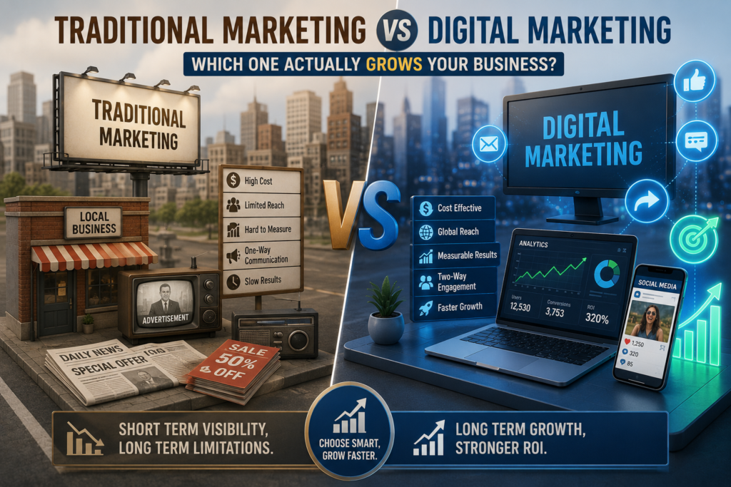 Traditional marketing vs digital marketing comparison infographic showing billboard, TV, and print ads versus laptop, analytics, and social media growth